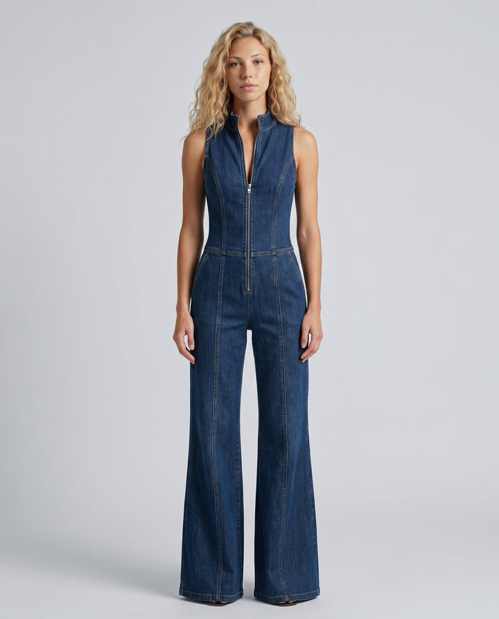 Delora | Women's Wide-Leg Elegant Sleeveless Denim Flared Jumpsuit — 1