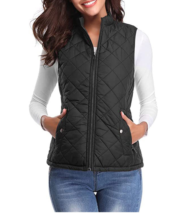 Delphine | Women's Casual Stretch Quilted Zip Front Vest Top — Black