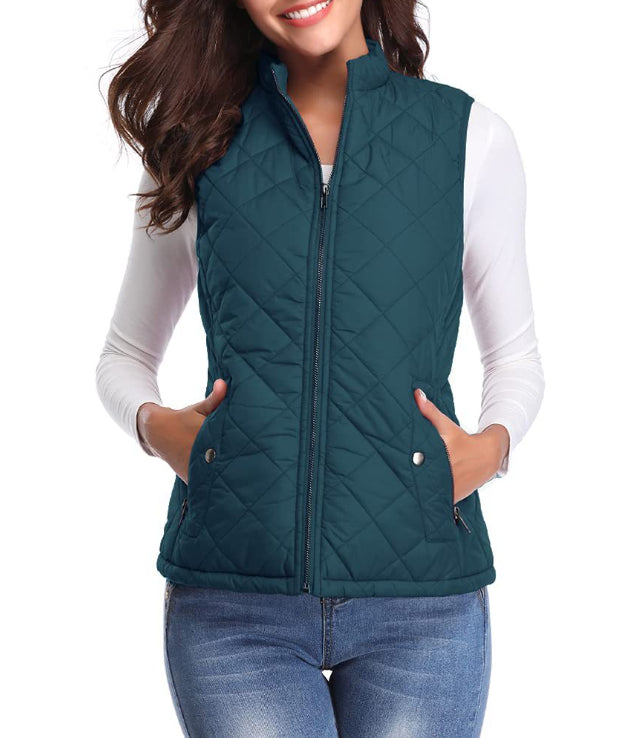 Delphine | Women's Casual Stretch Quilted Zip Front Vest Top — Blue
