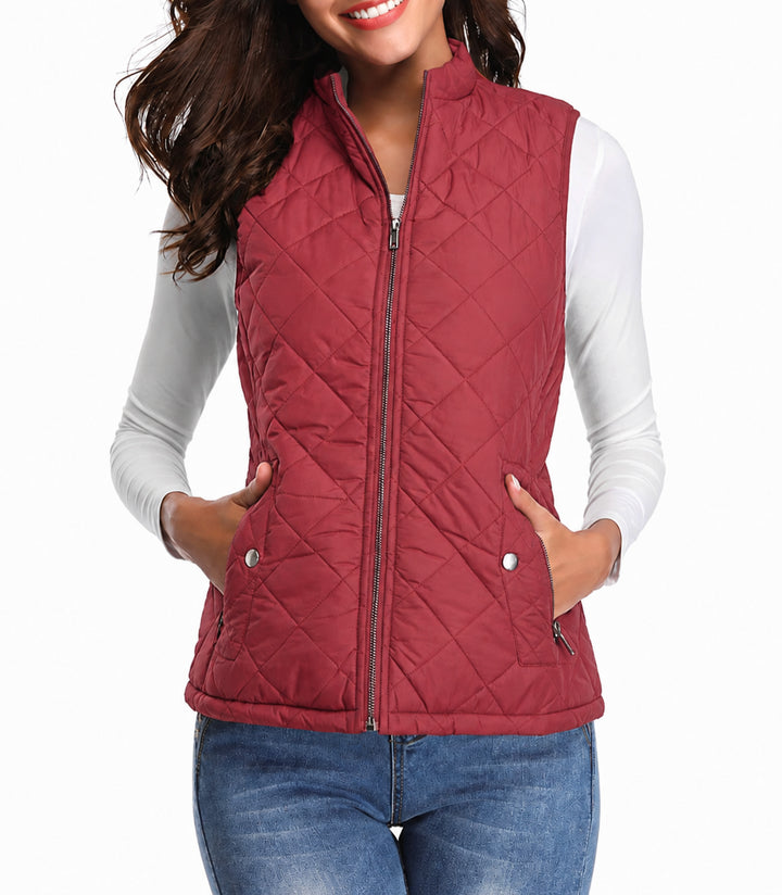 Delphine | Women's Casual Stretch Quilted Zip Front Vest Top — Burgundy