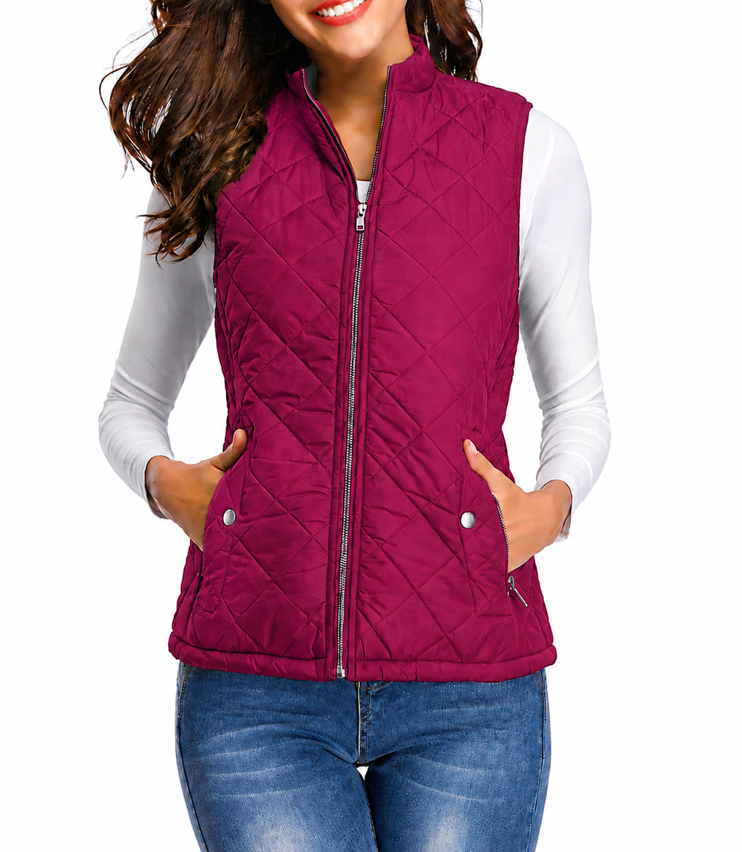 Delphine | Women's Casual Stretch Quilted Zip Front Vest Top — Dark Pink