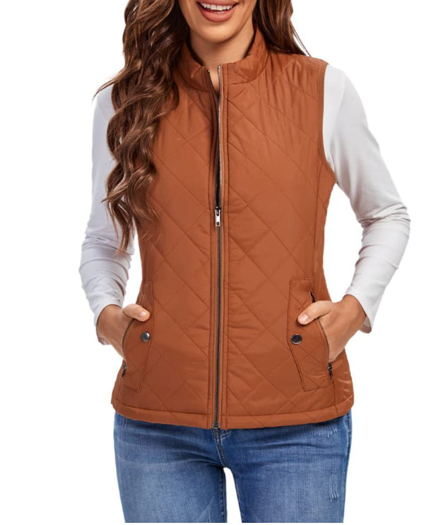 Delphine | Women's Casual Stretch Quilted Zip Front Vest Top — Khaki