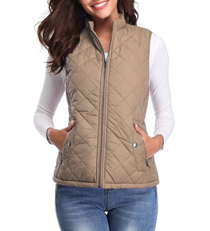 Delphine | Women's Casual Stretch Quilted Zip Front Vest Top — Light Brown
