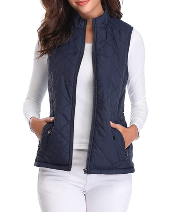 Delphine | Women's Casual Stretch Quilted Zip Front Vest Top — Navy
