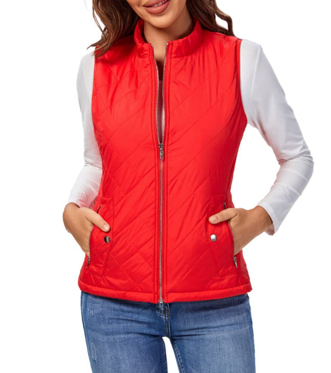 Delphine | Women's Casual Stretch Quilted Zip Front Vest Top — Red
