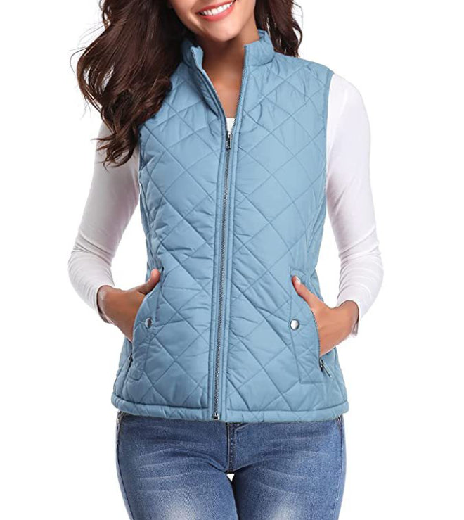 Delphine | Women's Casual Stretch Quilted Zip Front Vest Top — Sky blue