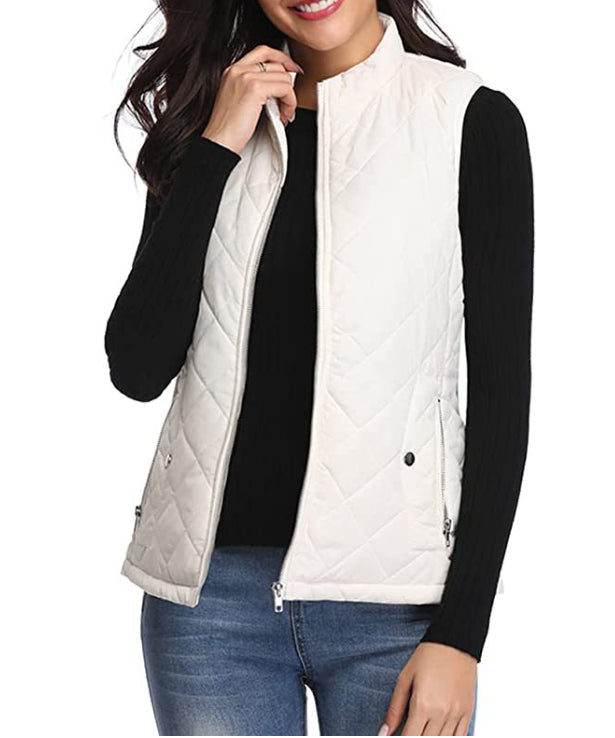 Delphine | Women's Casual Stretch Quilted Zip Front Vest Top — White