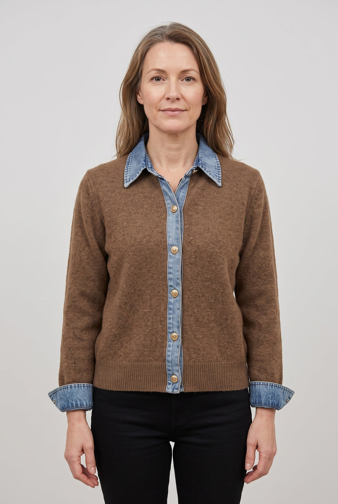 Delsia | Women's Knit Cozy Denim-Look Cardigan, Button-Front Collar — L