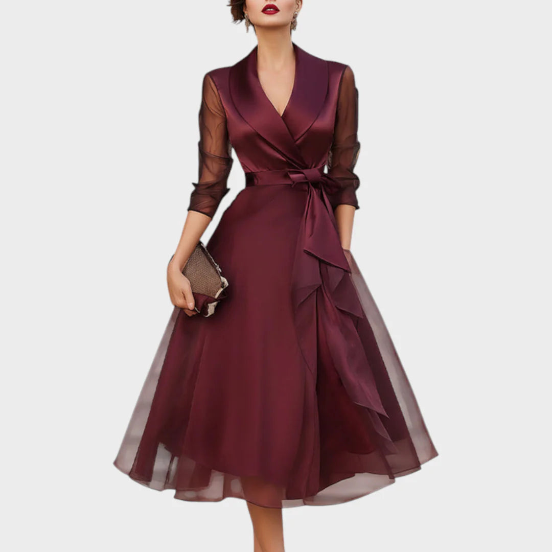 Delthdessa | Women's Sheer Sleeve Wrap Wedding Guest Midi Dress