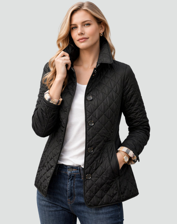 Delththea | Women's Quilted Button Front Jacket with Structured Collar — Black