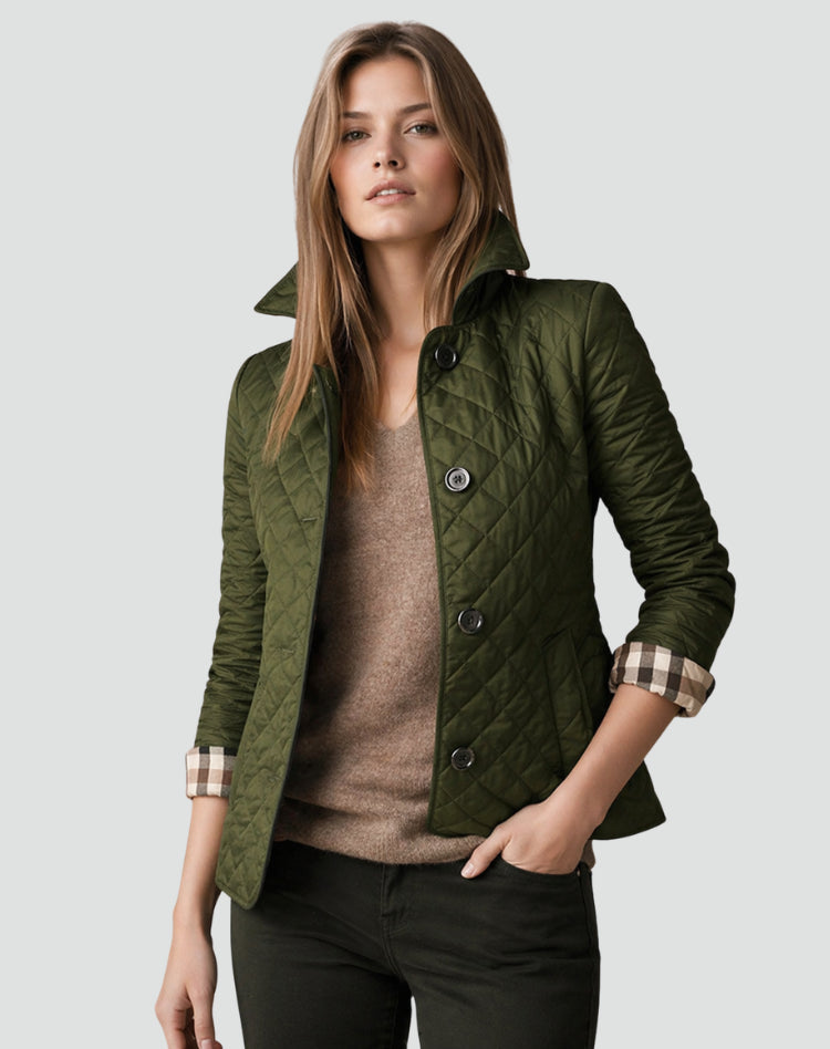 Delththea | Women's Quilted Button Front Jacket with Structured Collar — Green