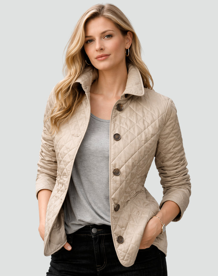 Delththea | Women's Quilted Button Front Jacket with Structured Collar — Khaki