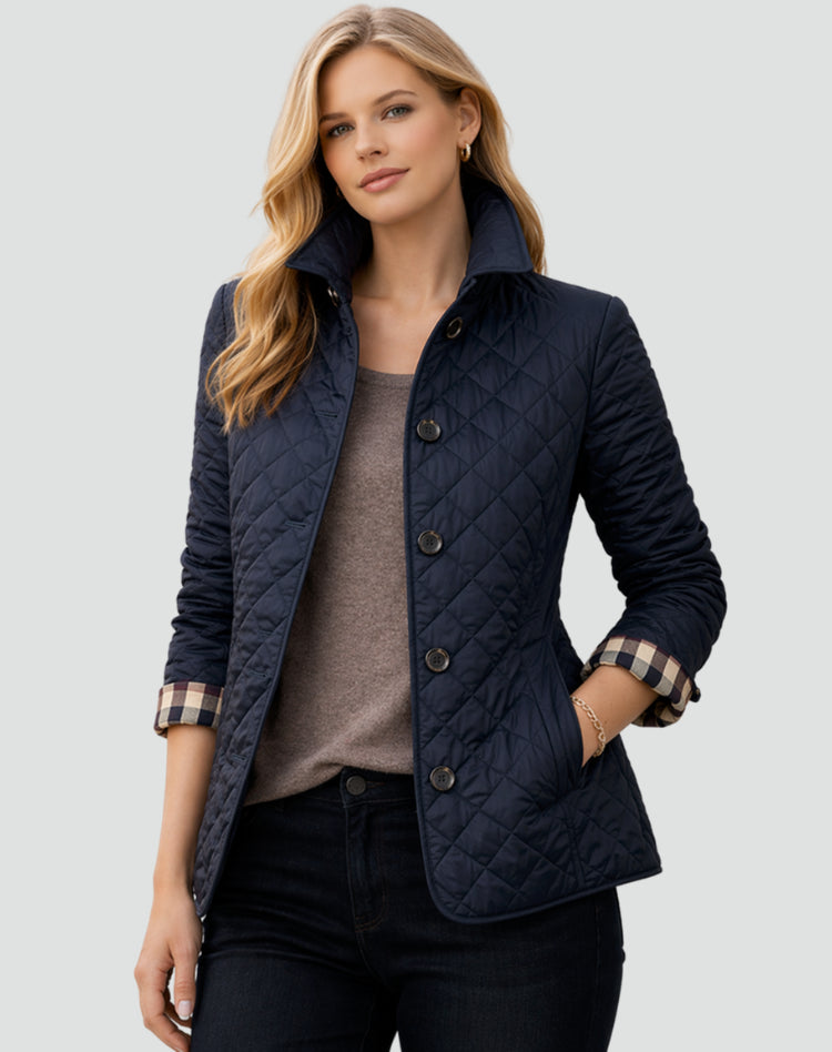 Delththea | Women's Quilted Button Front Jacket with Structured Collar — Navy Blue