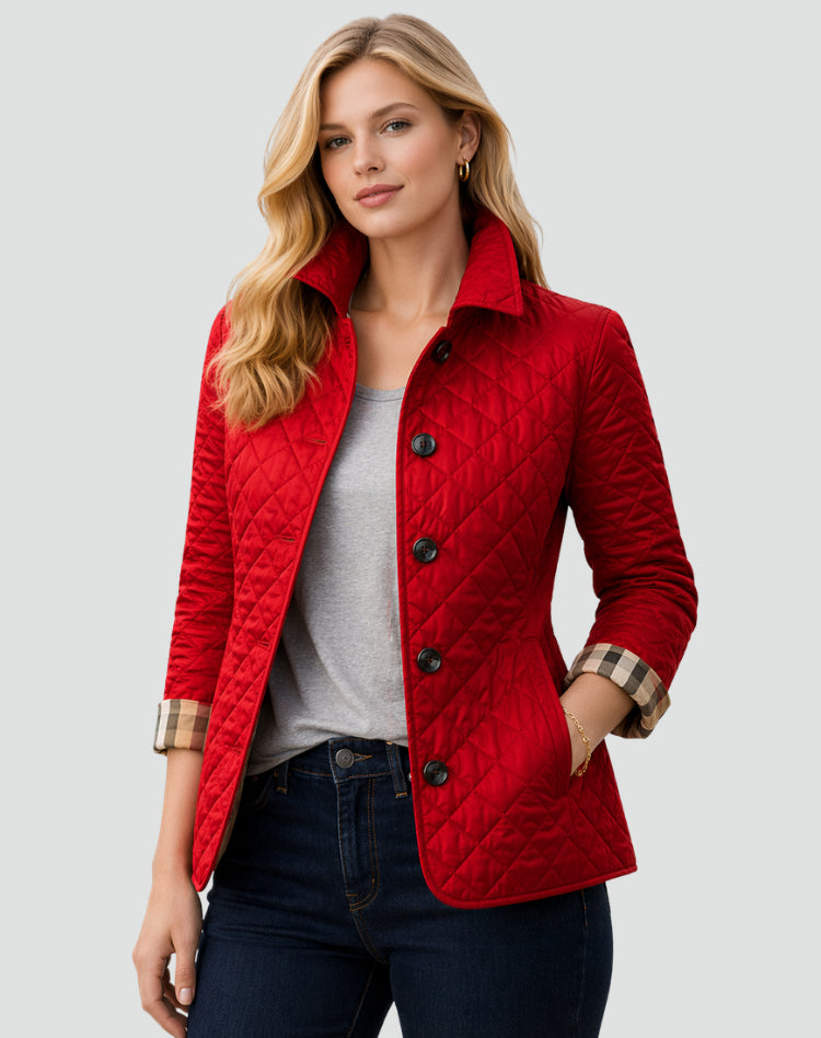 Delththea | Women's Quilted Button Front Jacket with Structured Collar — Red