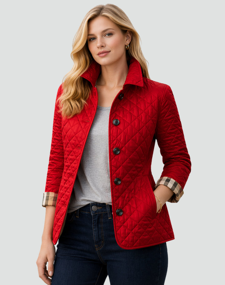 Delththea | Women's Quilted Button Front Jacket with Structured Collar — Red