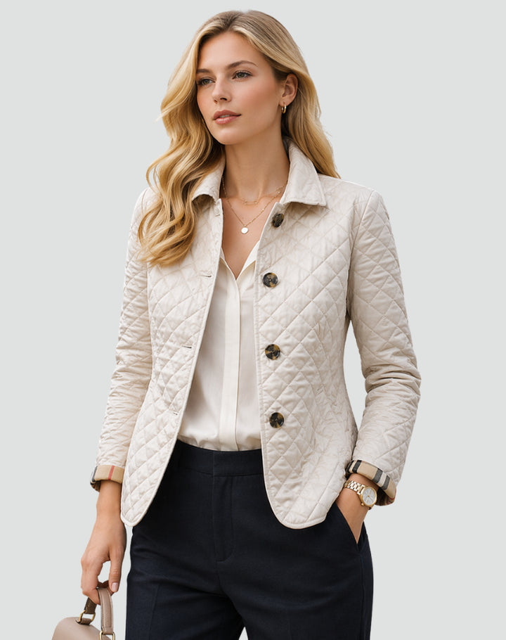 Delththea | Women's Quilted Button Front Jacket with Structured Collar — White