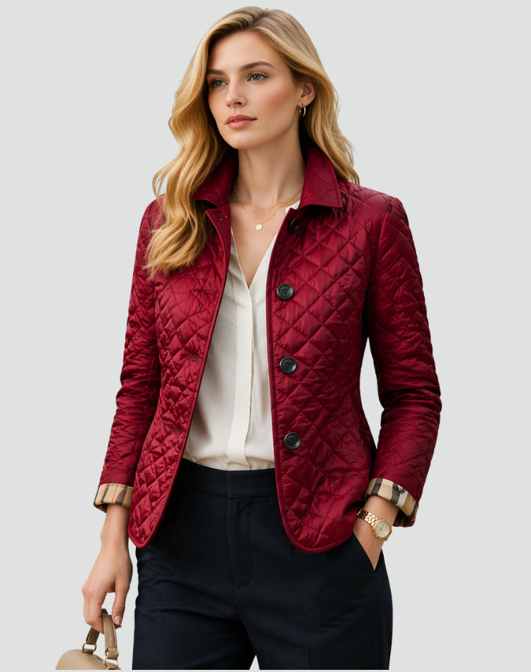 Delththea | Women's Quilted Button Front Jacket with Structured Collar — Wine Red