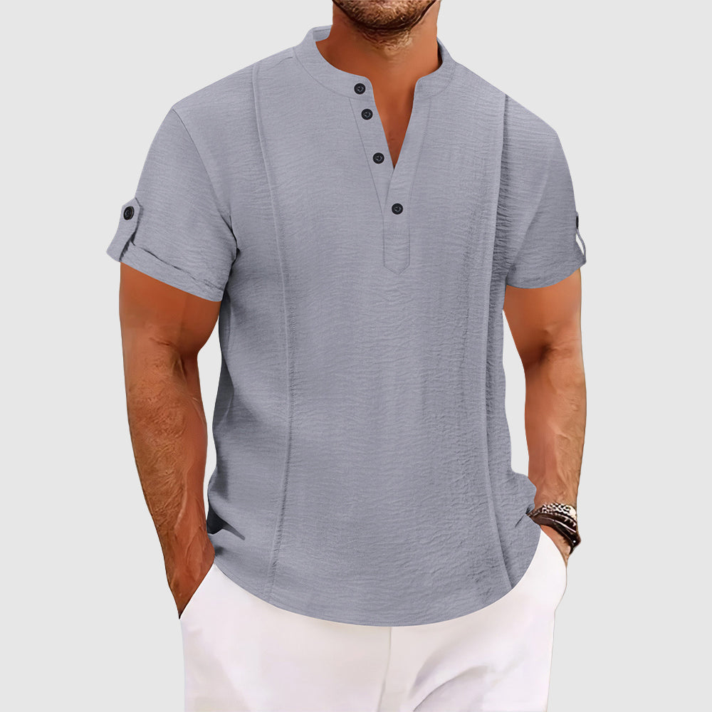 Demetrius | Men's Denim High-Waist Short Sleeve Grandad Collar — 2