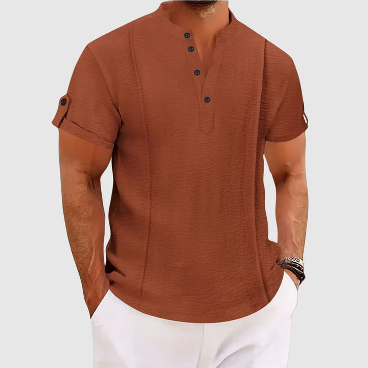 Demetrius | Men's Denim High-Waist Short Sleeve Grandad Collar — Brown