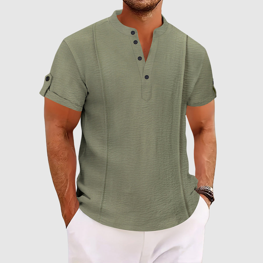 Demetrius | Men's Denim High-Waist Short Sleeve Grandad Collar — Green