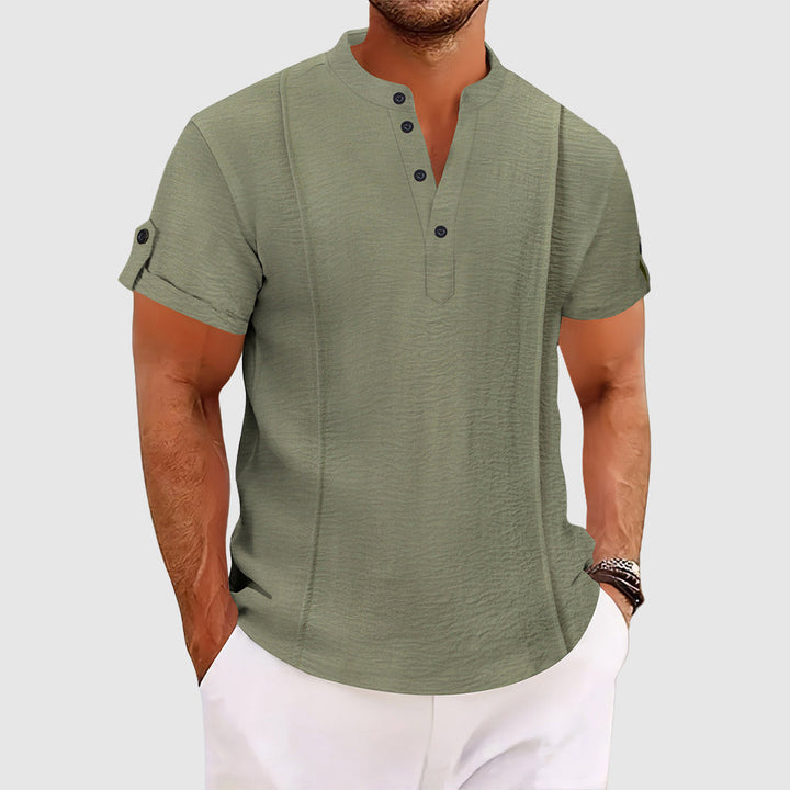 Demetrius | Men's Denim High-Waist Short Sleeve Grandad Collar — Green