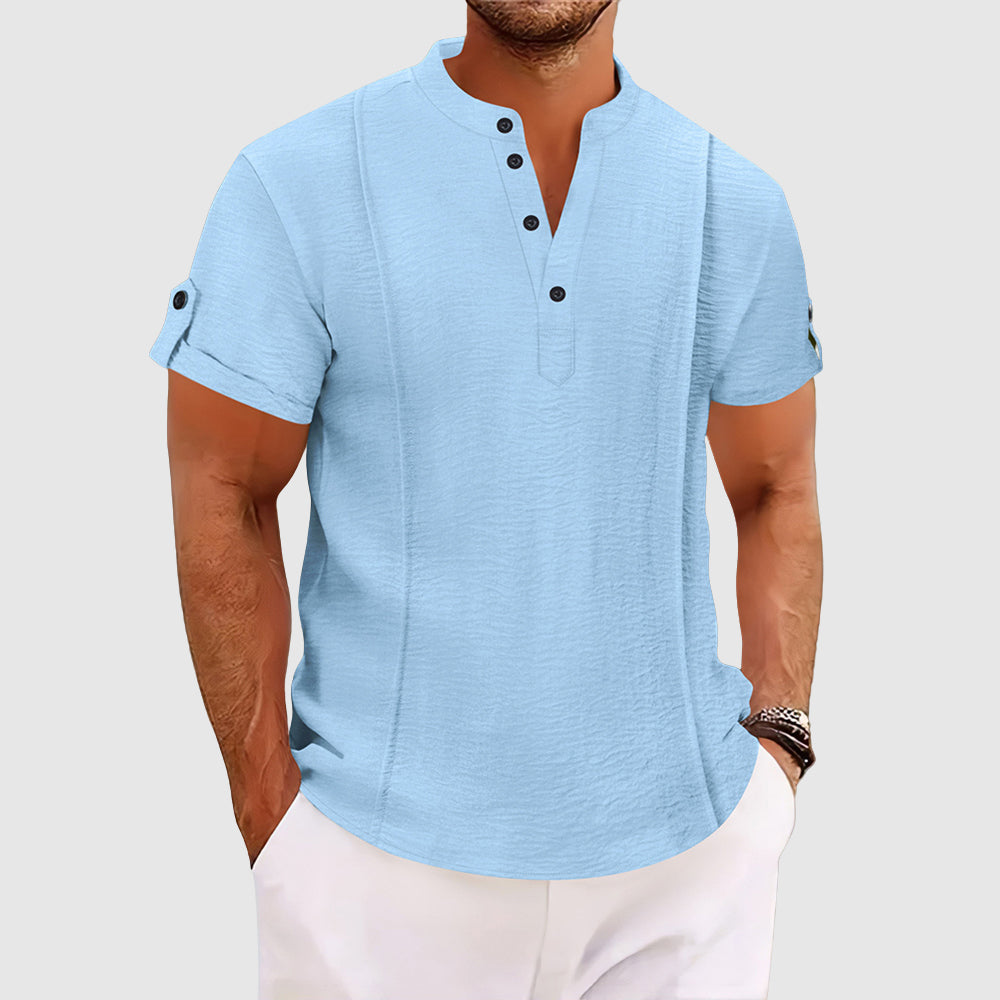 Demetrius | Men's Denim High-Waist Short Sleeve Grandad Collar — Light Blue