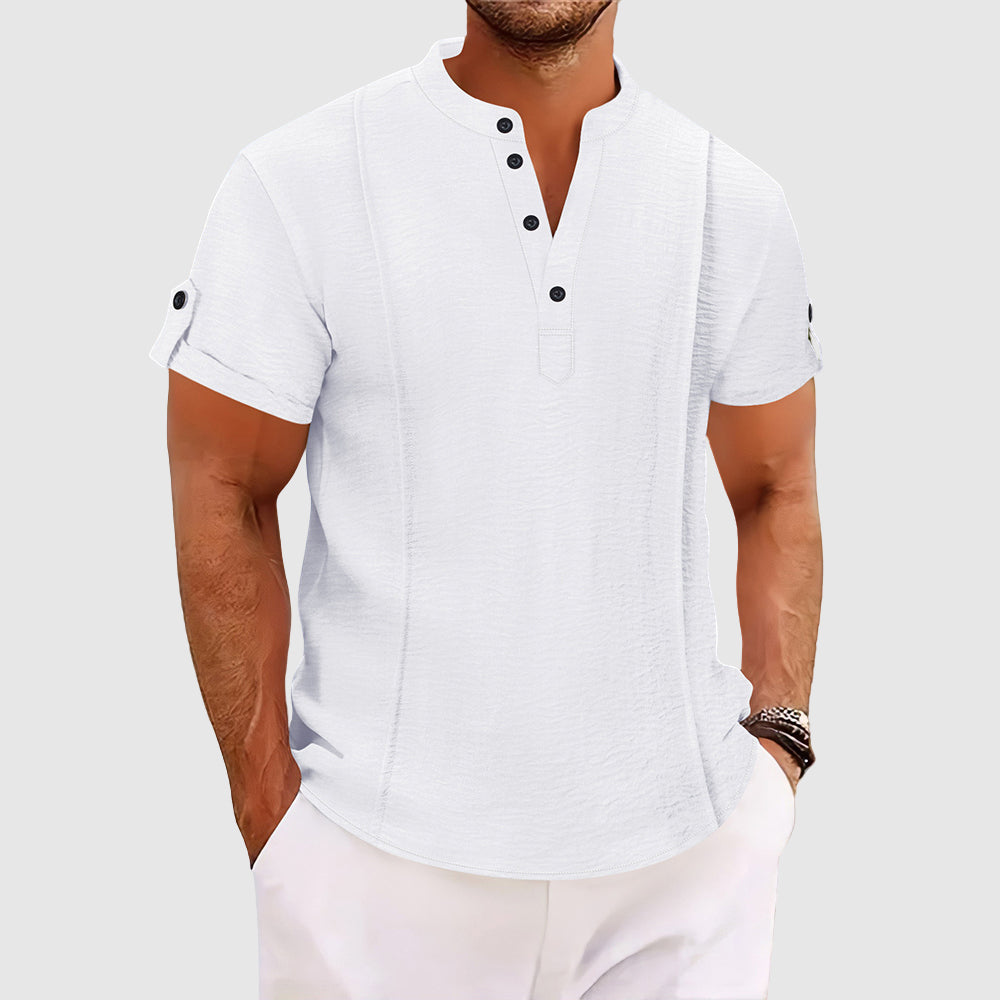 Demetrius | Men's Denim High-Waist Short Sleeve Grandad Collar — White