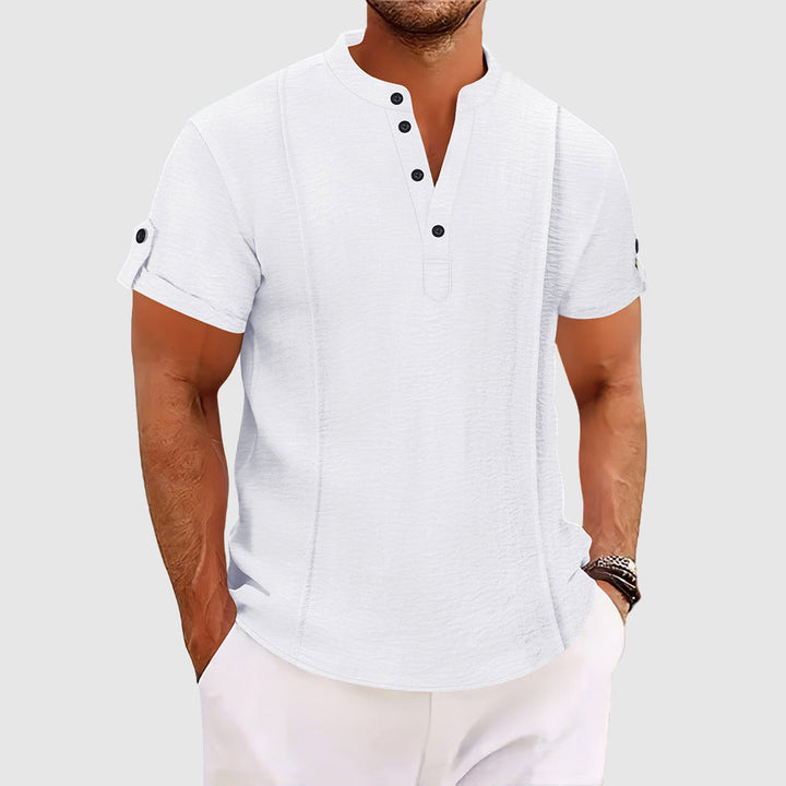 Demetrius | Men's Denim High-Waist Short Sleeve Grandad Collar — White