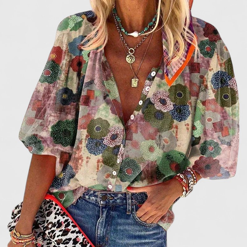 Donatella | Women's Linen Casual Floral Print Long Sleeve Blouse — Green