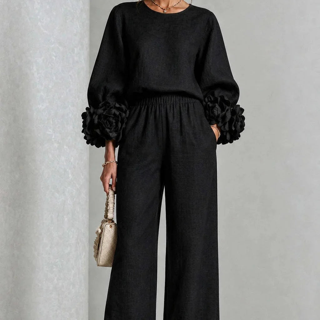 Doriienne | Women's Floral Cuff Top & Wide-Leg Pants Two-Piece Set