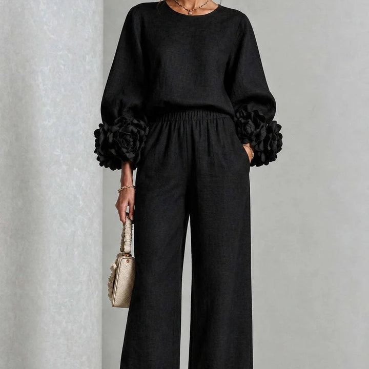 Doriienne | Women's Floral Cuff Top & Wide-Leg Pants Two-Piece Set