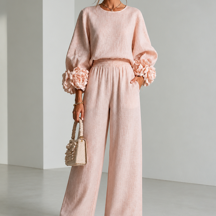 Doriienne | Women's Floral Cuff Top & Wide-Leg Pants Two-Piece Set