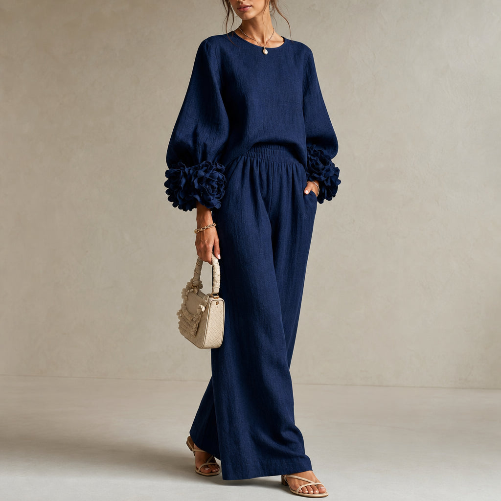 Doriienne | Women's Floral Cuff Top & Wide-Leg Pants Two-Piece Set