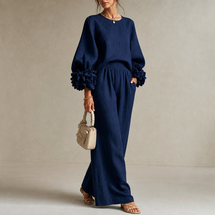 Doriienne | Women's Floral Cuff Top & Wide-Leg Pants Two-Piece Set