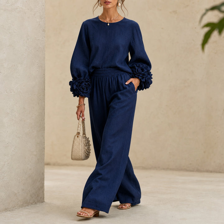 Doriienne | Women's Floral Cuff Top & Wide-Leg Pants Two-Piece Set