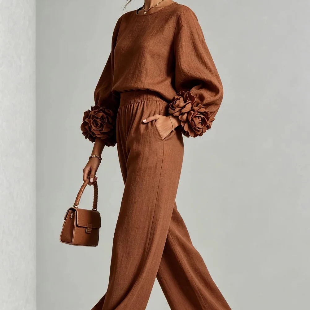 Doriienne | Women's Floral Cuff Top & Wide-Leg Pants Two-Piece Set
