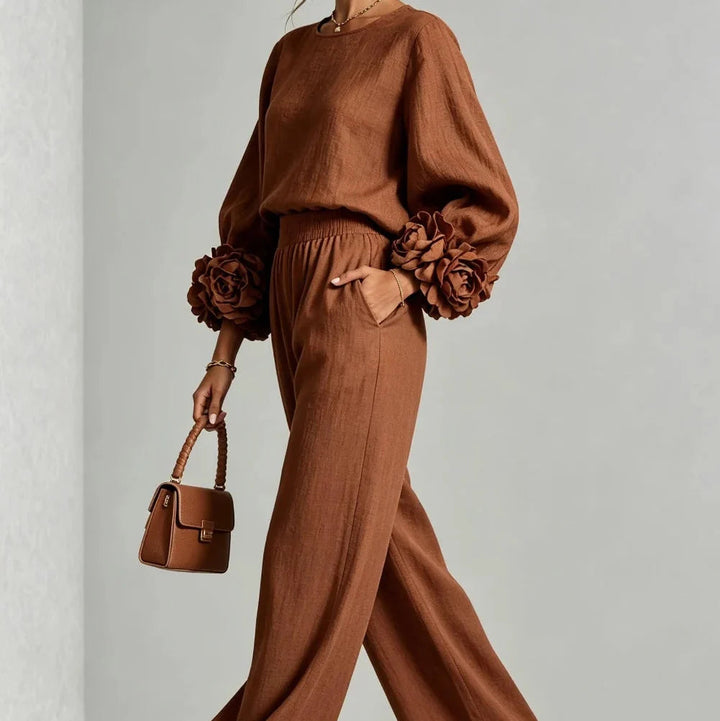 Doriienne | Women's Floral Cuff Top & Wide-Leg Pants Two-Piece Set