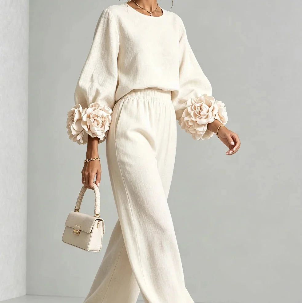 Doriienne | Women's Floral Cuff Top & Wide-Leg Pants Two-Piece Set