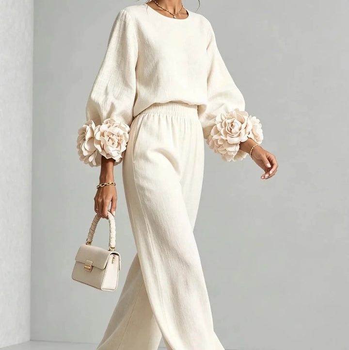 Doriienne | Women's Floral Cuff Top & Wide-Leg Pants Two-Piece Set