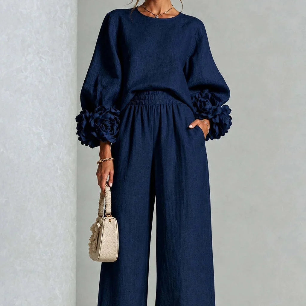 Doriienne | Women's Floral Cuff Top & Wide-Leg Pants Two-Piece Set
