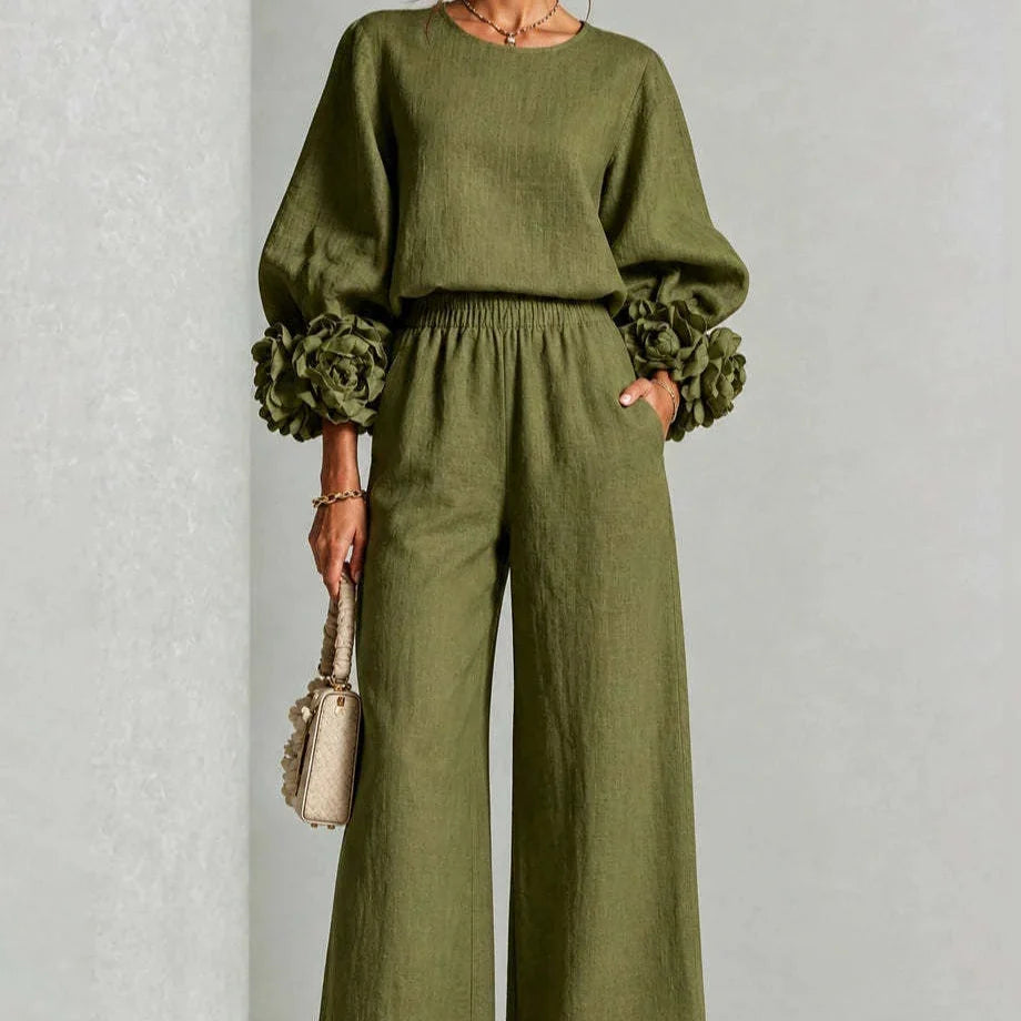 Doriienne | Women's Floral Cuff Top & Wide-Leg Pants Two-Piece Set