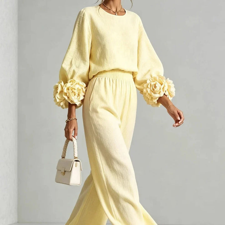 Doriienne | Women's Floral Cuff Top & Wide-Leg Pants Two-Piece Set