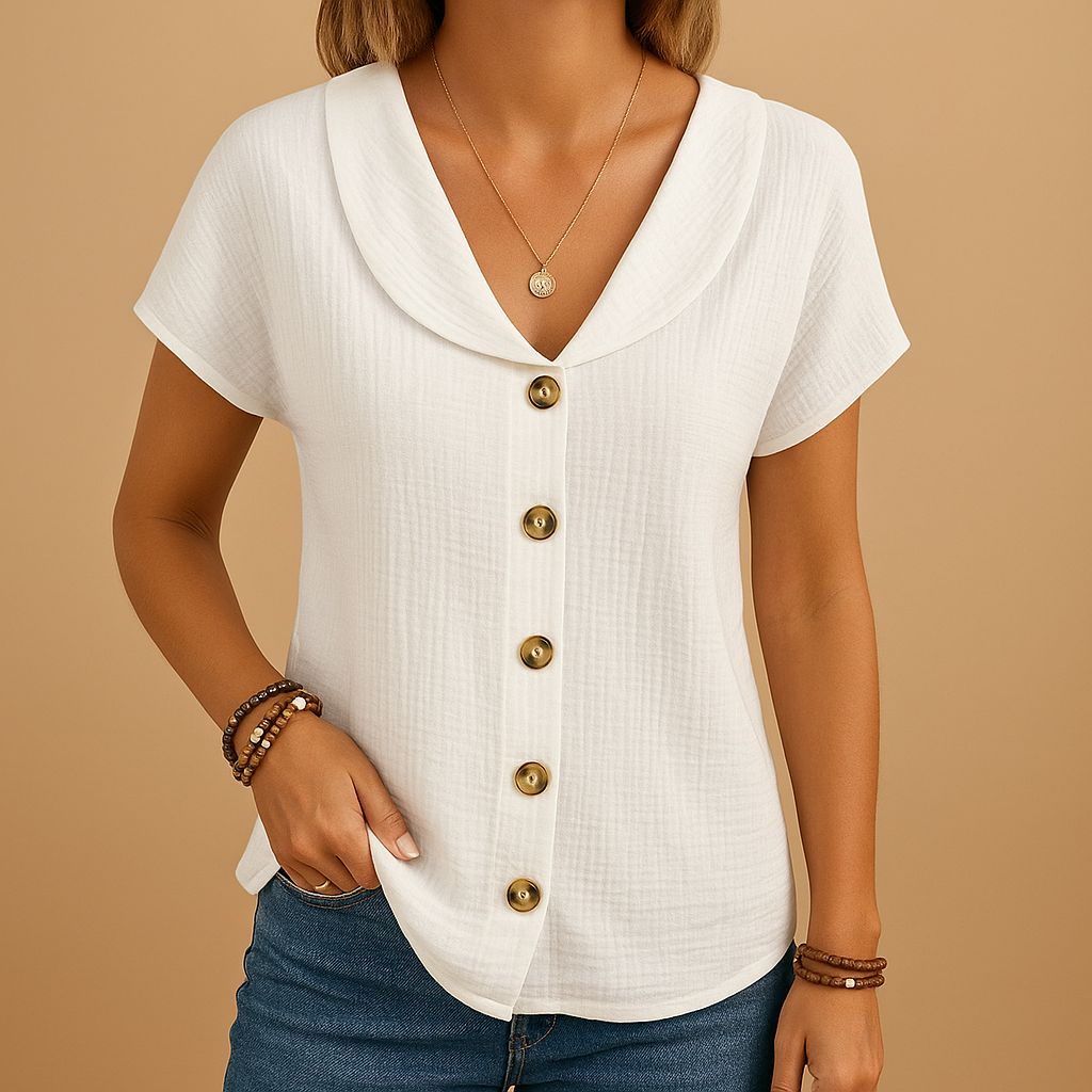 Woman wearing accessories and white blouse front view on khaki background studio
