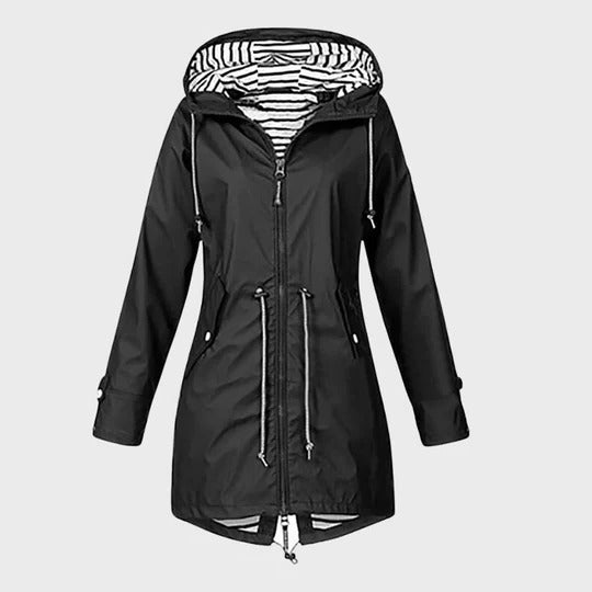 Elophine | Women's Long Waterproof Rain Jacket with Hood and Pockets — L