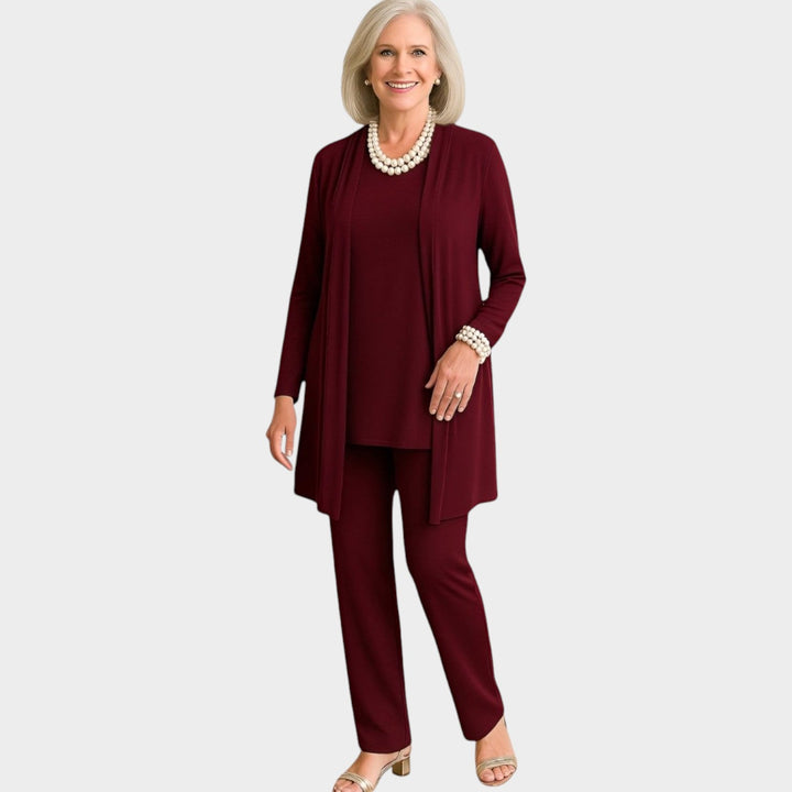 Elowetta | Women's Matching Suit Soft Knit Three Piece Set — Burgundy