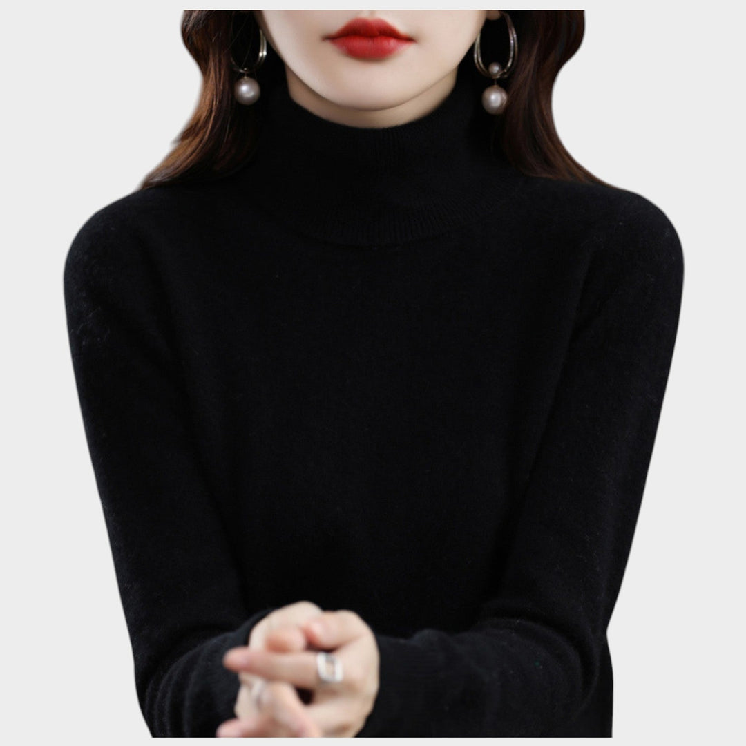Emelineetta | Women's Knit Cozy Cashmere Sweater Turtleneck Slim Fit — Black