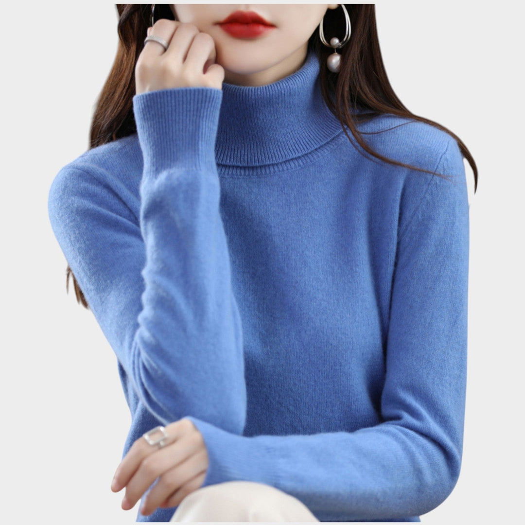 Emelineetta | Women's Knit Cozy Cashmere Sweater Turtleneck Slim Fit — Blue