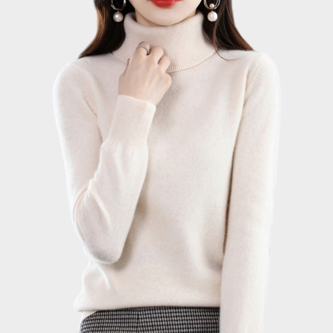 Emelineetta | Women's Knit Cozy Cashmere Sweater Turtleneck Slim Fit — Cream