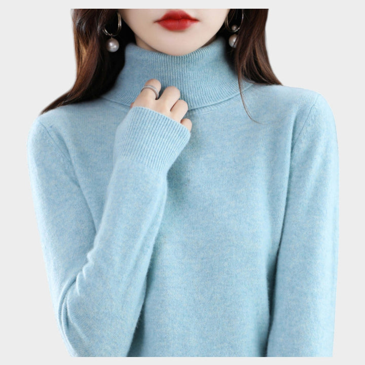 Emelineetta | Women's Knit Cozy Cashmere Sweater Turtleneck Slim Fit — Light blue