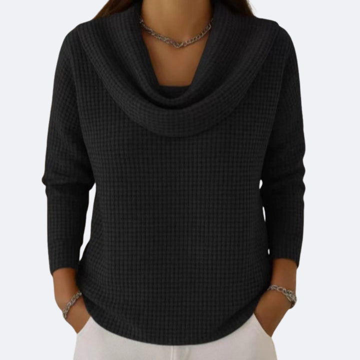 Emelinelora | Women's Knit Cozy Thermal Soft Neck Waffle Effect Sweater — Black
